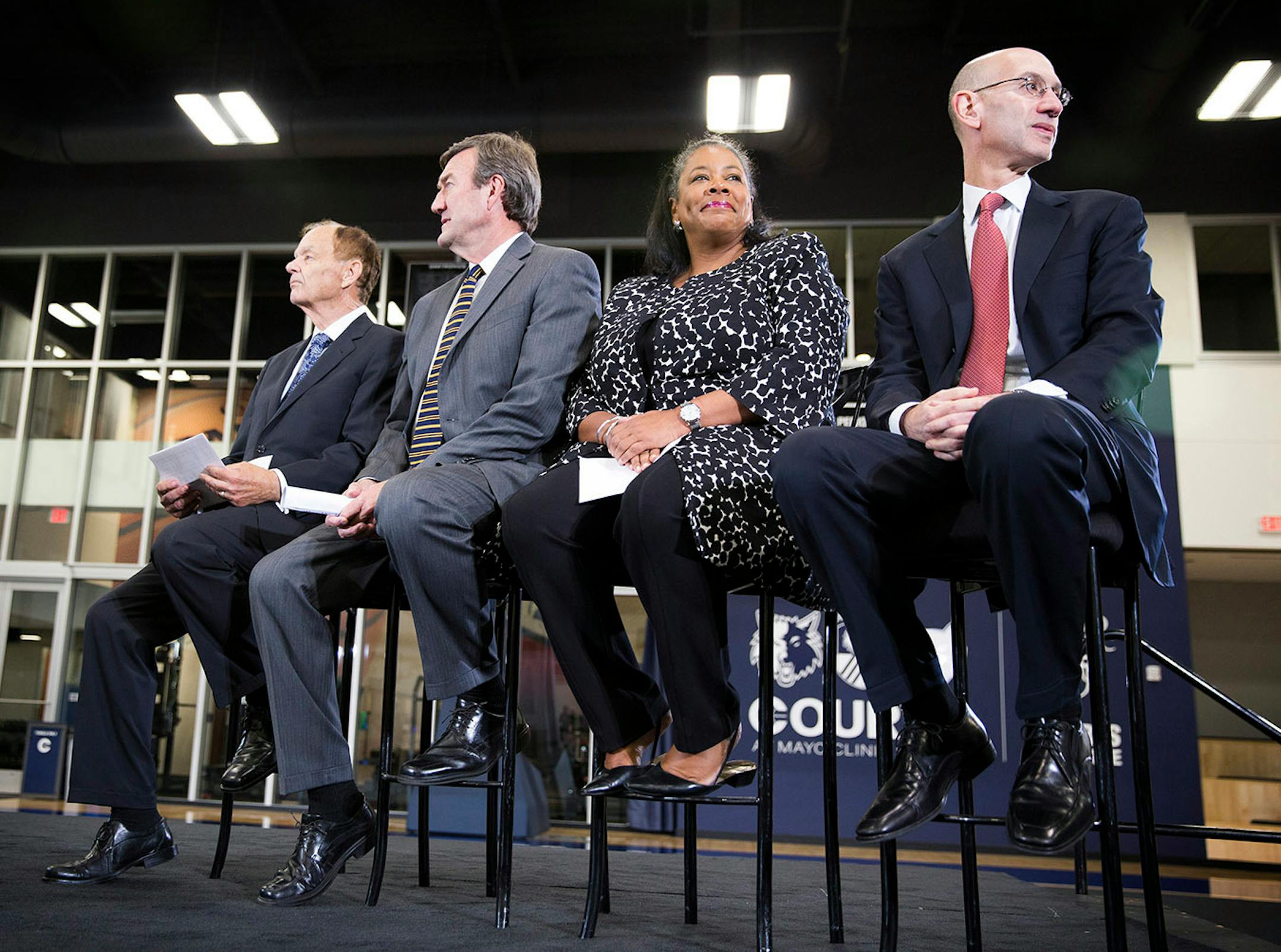 Timberwolves and Lynx owner, Glen Taylor, from left, sits with Mayo Clinic President and CEO Dr. John Noseworthy, WNBA President Laurel Richie and NBA Commissioner Adam Silver during a grand opening event at the Timberwolves and Lynx Courts at Mayo Clinic Square in downtown Minneapolis on Wednesday, June 17, 2015. The Minnesota Timberwolves held a grand opening for their shiny new downtown practice facility on Wednesday, hoping that it can help end a decade of futility in the NBA. The Wolves par