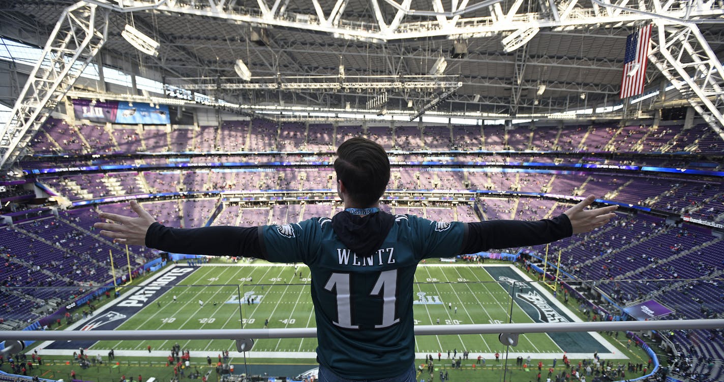 Kevin Boyle from Philadelphia, Pa. attends his second Super Bowl with his dad and brother on Sunday, Feb. 4, 2018 at US Bank Stadium in Minneapolis, Minn. (Aaron Lavinsky/Minneapolis Star Tribune/TNS) ORG XMIT: 1222861