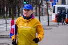 Eddie Izzard, English stand-up comic, actor, writer, and political activist, runs the marathon distance for the 18th day in a row in Riga, Latvia, on 