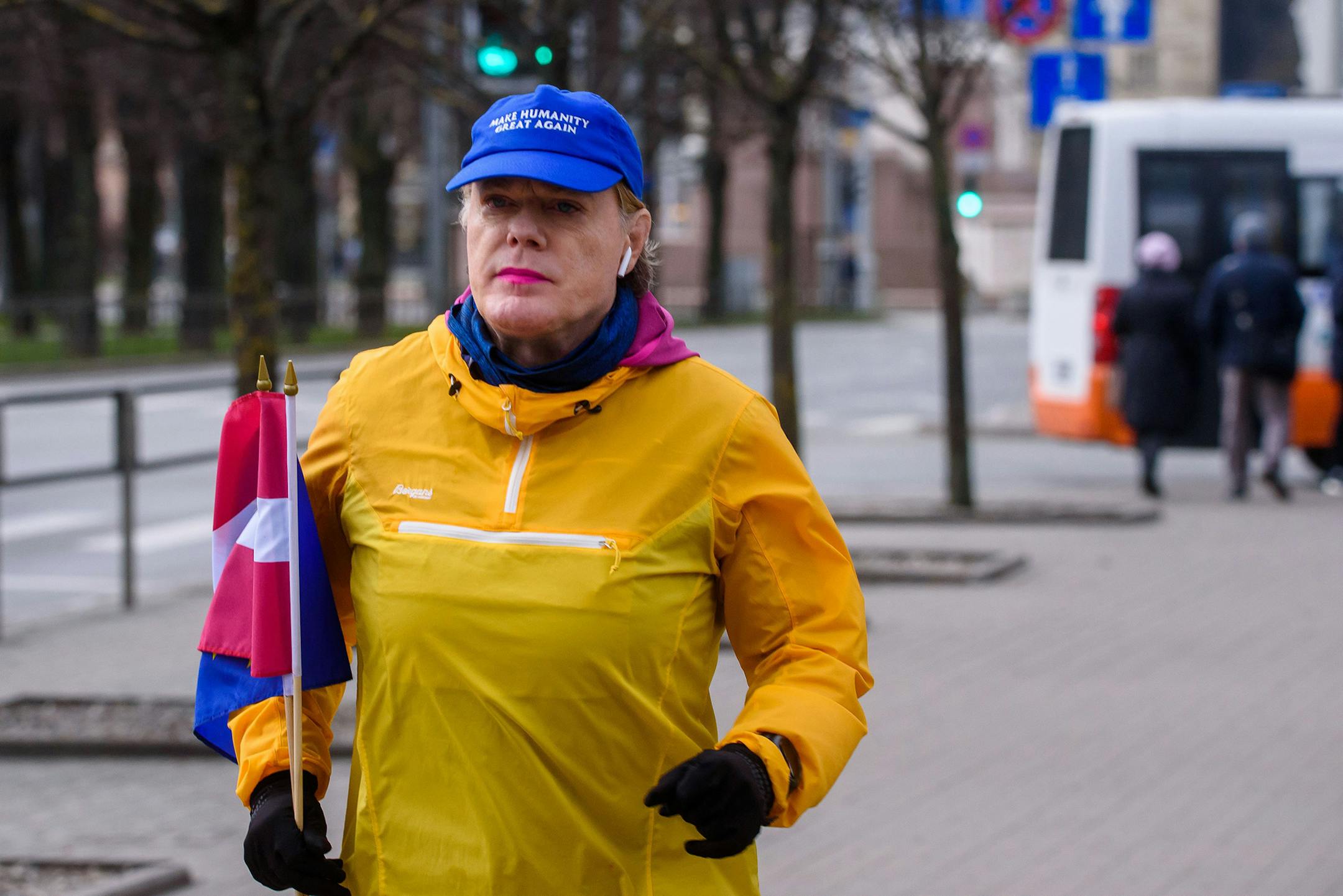 Eddie Izzard, English stand-up comic, actor, writer, and political activist, runs the marathon distance for the 18th day in a row in Riga, Latvia, on Feb. 18.