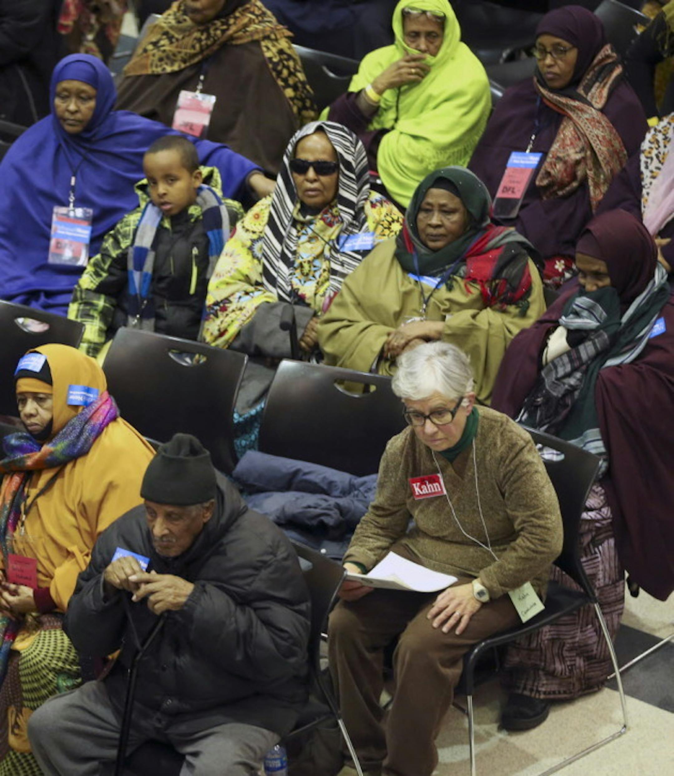 Incumbent Rep. Phyllis Kahn sat near supporters of her caucus opponent Mohamud Noor during a rescheduled caucus held Wednesday. PHOTO BY RENEE JONES SCHNEIDER