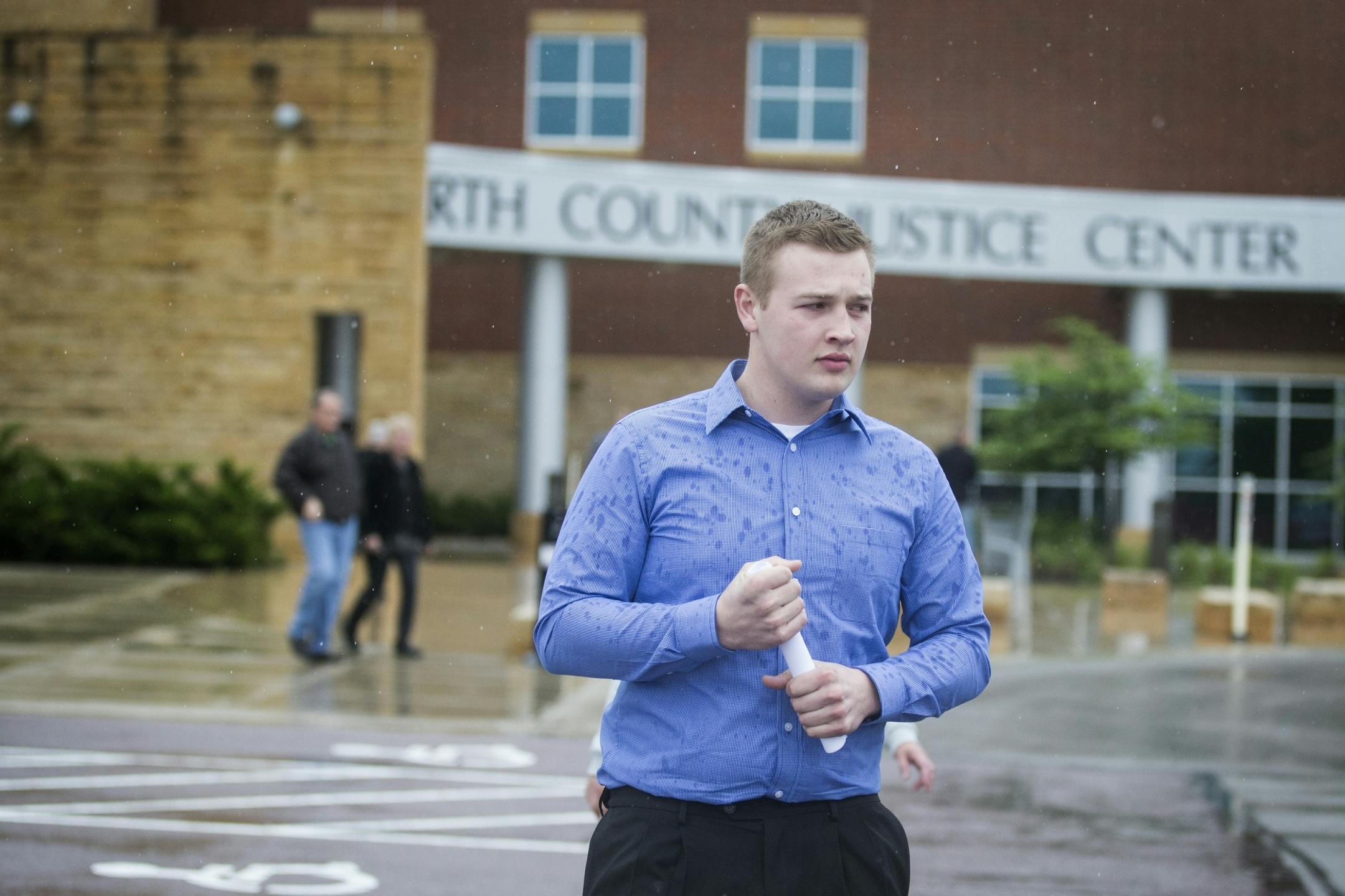 Trevor Shelley walks out of the Blue Earth County Justice Center after his sentencing hearing.