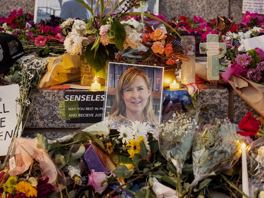 A makeshift memorial for Minnesota state Rep. Melissa Hortman and her husband, Mark Hortman, at the Minnesota State Capitol in St. Paul on June 18.