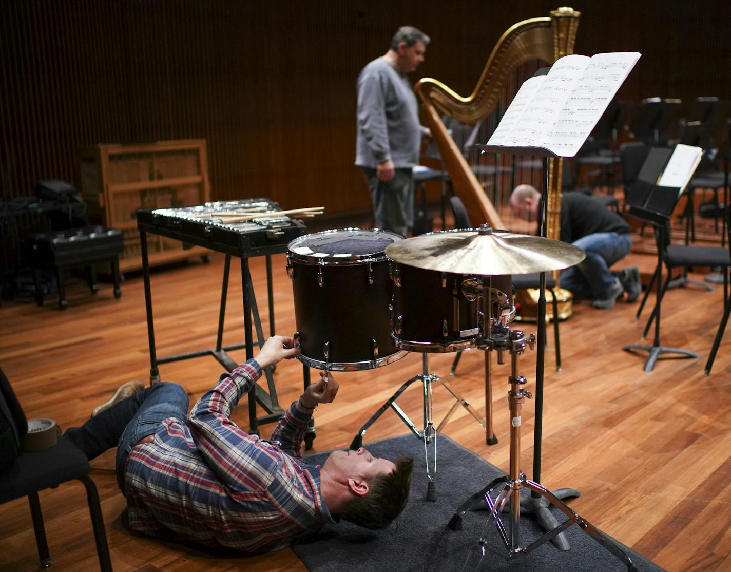 SPCO percussionist tuned his drums before rehearsal began Thursday afternoon. ] JEFF WHEELER &#x2022; jeff.wheeler@startribune.com New tax law changes didn't result in dramatic drops in charitable giving that some feared, Minnesota's nonprofit leaders are saying. Many including the St. Paul Chamber Orchestra report finishing out the year a little above or below their goals. The SPCO rehearsed for this weekend's programs Thursday afternoon, January 10, 2019 in the Ordway Concert Hall.