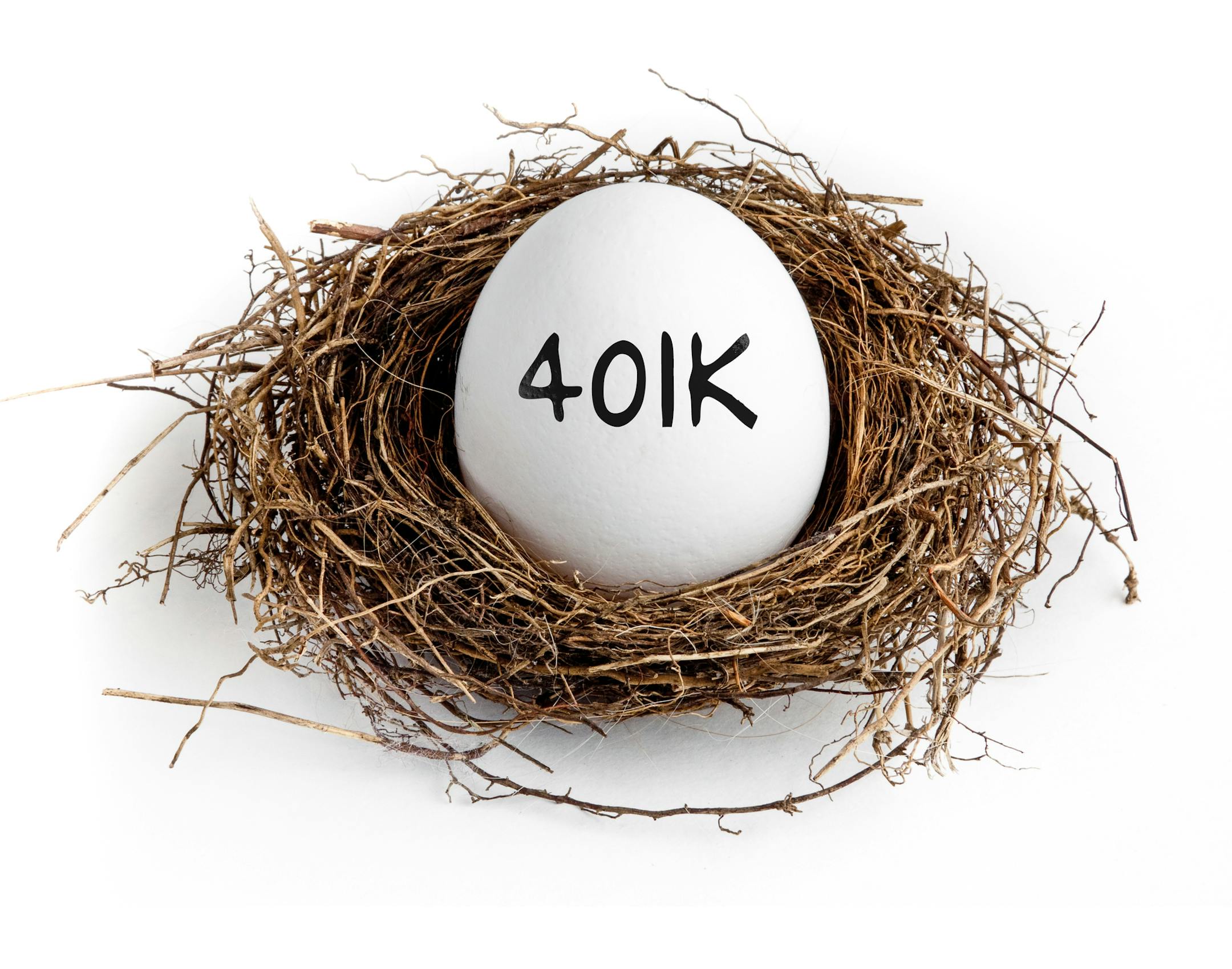 A white egg in a nest on a white background with the word 401K on the egg.