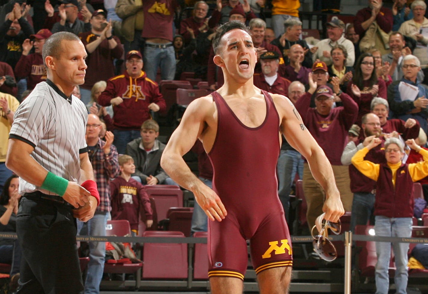 Ben Morgan, Jan. 24, 2016. Ben Morgan picked up a pin at 133 pounds in his career debut that ultimately helped the Gophers down Purdue 23-18. University of Minnesota photo.