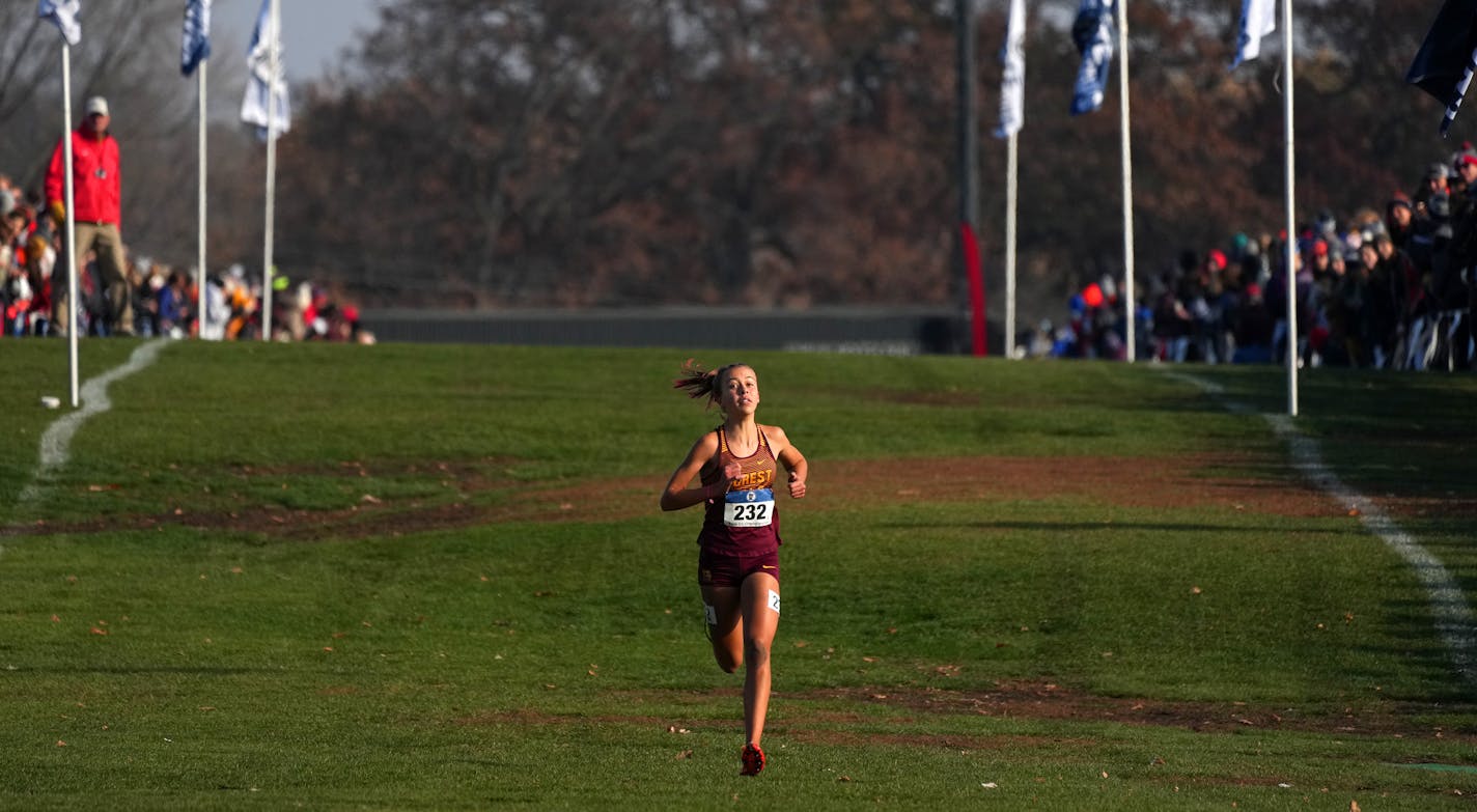 With no other runner visible, Forest Lake junior Norah Hushagen (232) pulls far ahead of the pack as she finishes the home stretch to win the Class 3A girls high school cross country state championships Saturday, Nov. 4, 2023 at Les Bolstad Golf Course in St. Paul, Minn. ] ANTHONY SOUFFLE • anthony.souffle@startribune.com