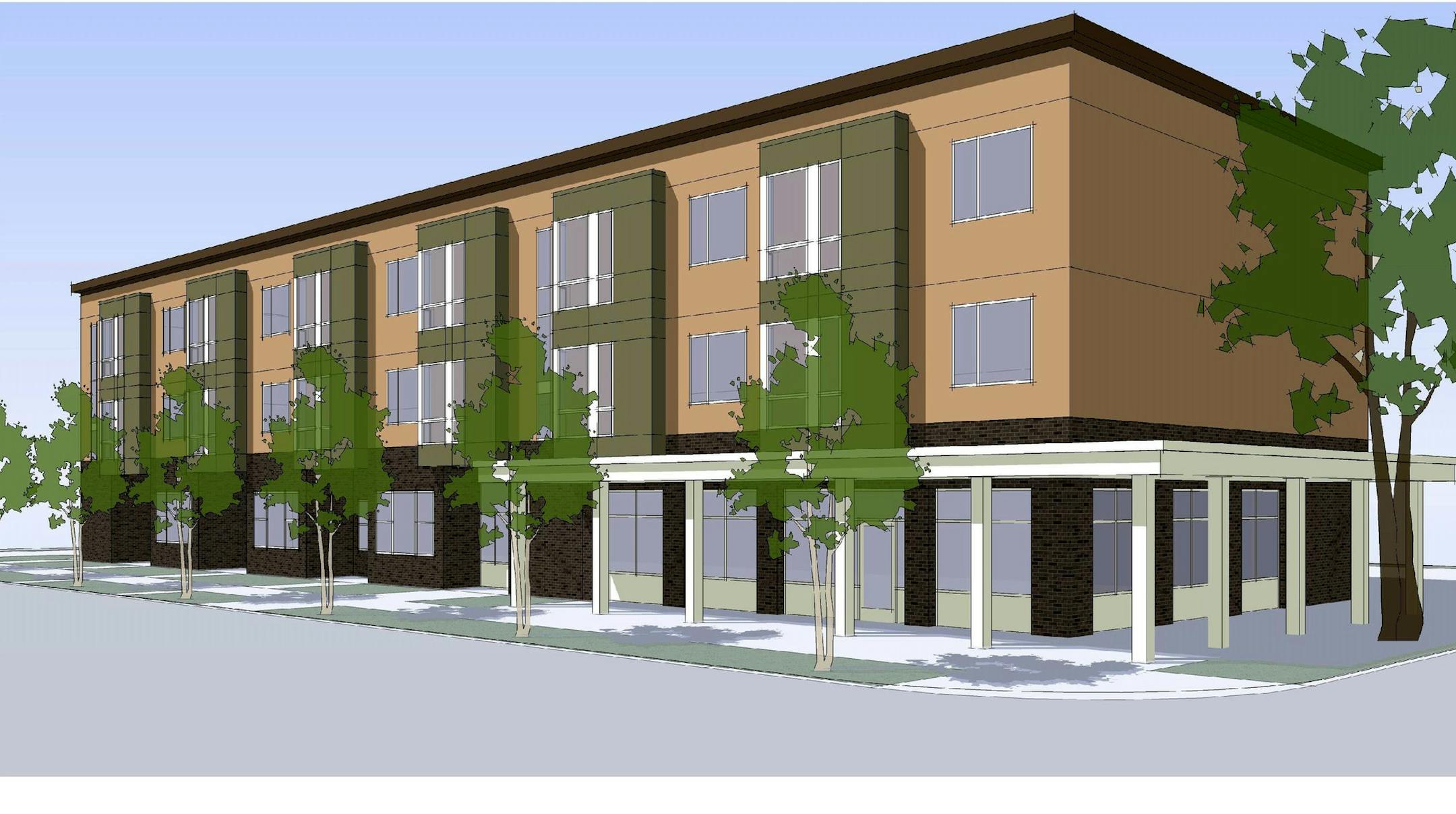 This is a rendering of the larger of the two buildings, to be located at SE Corner of Selby & Victoria, 838 Selby. This one would have 23 affordable senior apartments on the upper floors and 5,600 square feet of commercial space on the street level. Credit should go to Rondo Community Land Trust.