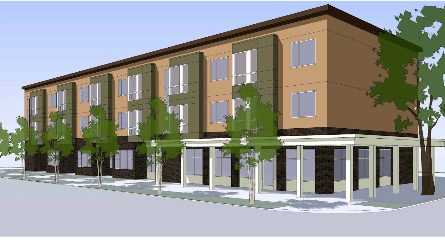 This is a rendering of the larger of the two buildings, to be located at SE Corner of Selby & Victoria, 838 Selby. This one would have 23 affordable senior apartments on the upper floors and 5,600 square feet of commercial space on the street level. Credit should go to Rondo Community Land Trust.