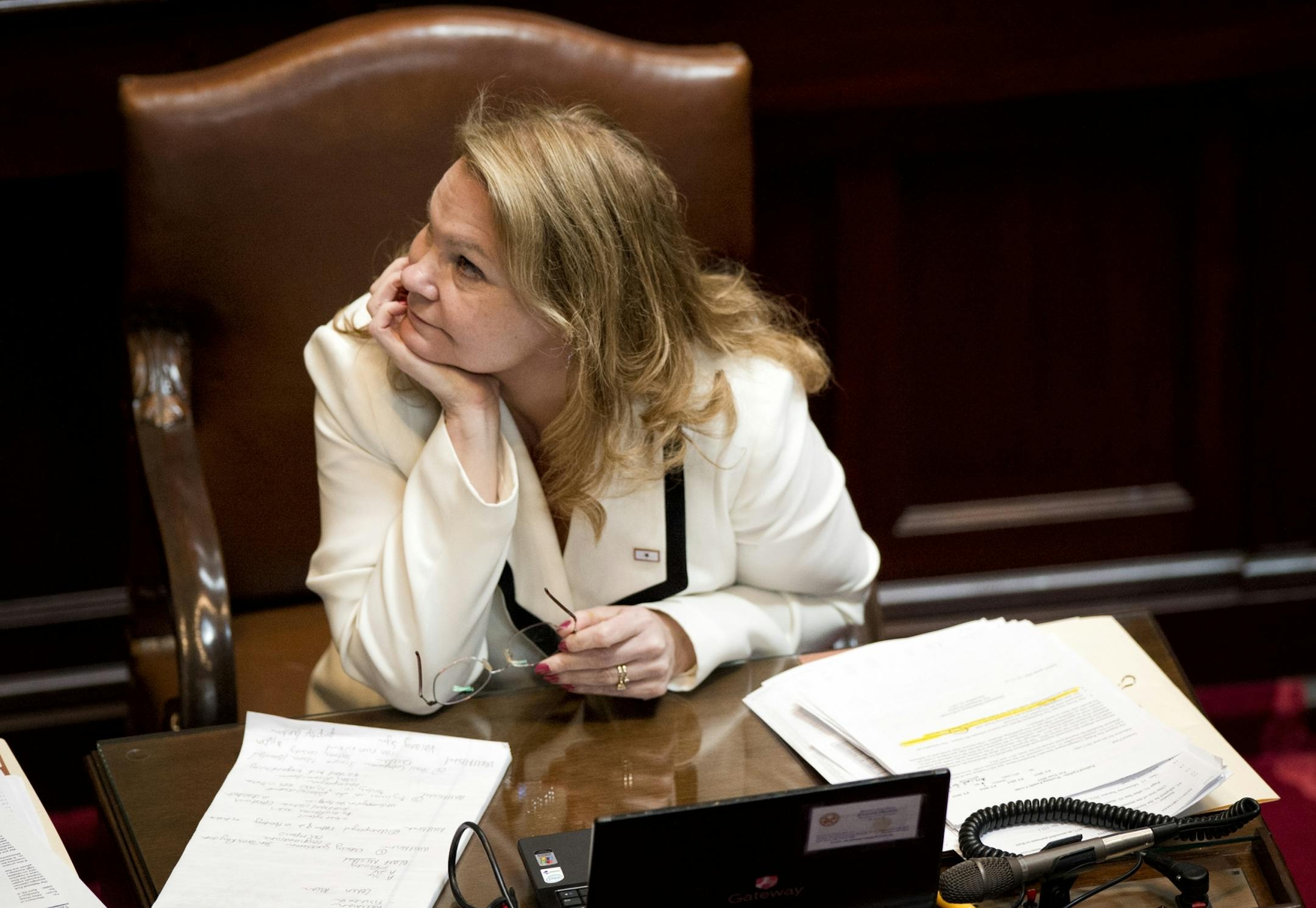 Sen Julianne Ortman, R-Chanhassen watched the voting board as another of the amendments she offered to the Senate omnibus tax failed on the Senate floor. Monday, April 29, 2013.