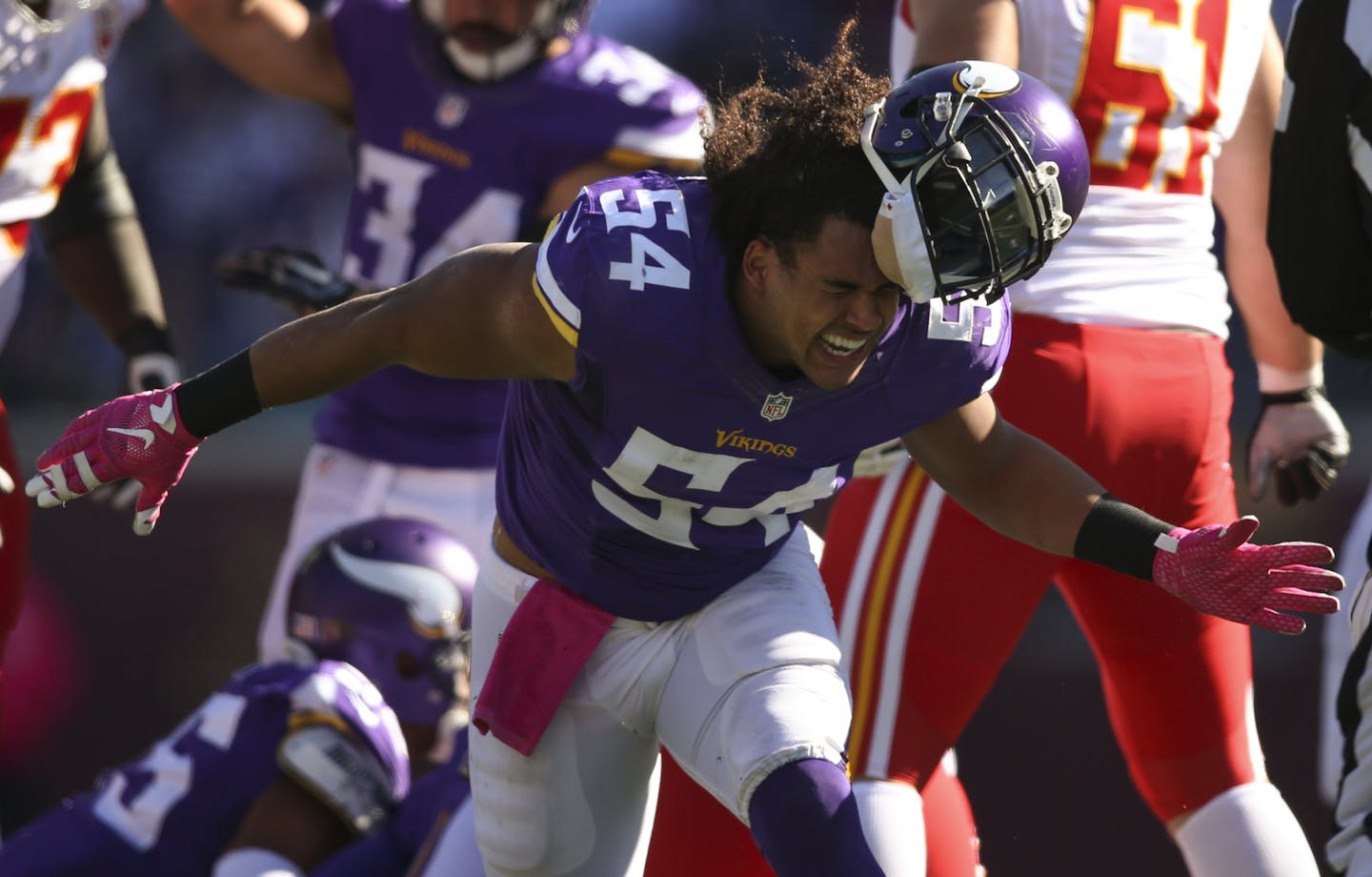 Vikings inside linebacker Eric Kendricks (54) celebrated so hard that his helmet came off after the Vikings held the Chiefs on a fourth down and one yard situation in the second quarter Sunday afternoon.