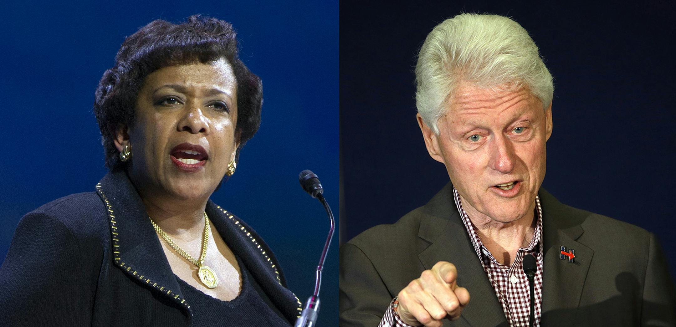 (AP Photo/Cliff Owen, File)/(AP Photo/Don Ryan) FILE - In this June 14, 2016 file photo, Attorney General Loretta Lynch speaks in Washington. Former President Bill Clinton spoke with Lynch during an impromptu meeting in Phoenix, but Lynch says the discussion did not involve the investigation into Hillary Clinton's email use as secretary of state. (AP Photo/Cliff Owen, File) In this photo taken May 5, 2016, former President Bill Clint speaks in Portland, Ore. while campaigning for his wife, Democ