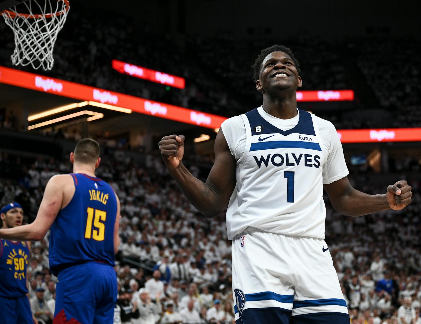 Minnesota Timberwolves guard Anthony Edwards (1) reacts after he was unable to finish during an and-one opportunity in the first quarter against the Denver Nuggets Friday, April 21, 2023, at Target Center in Minneapolis, Minn... ] AARON LAVINSKY • aaron.lavinsky@startribune.com