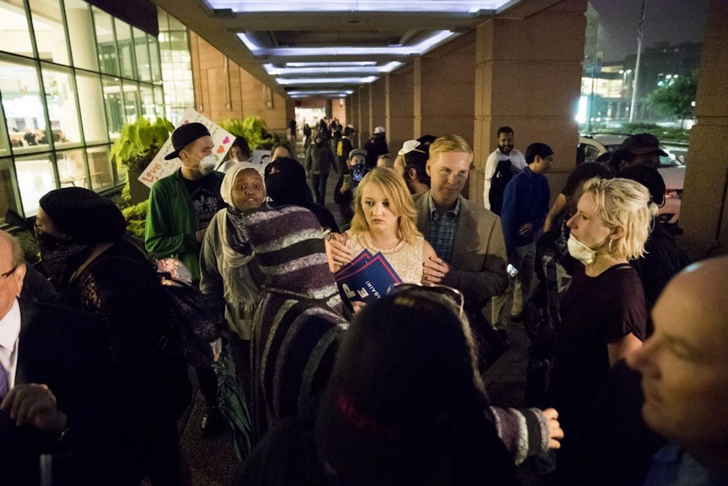 Trump supporters were surrounded by yelling protesters as they left a fundraiser for Republican presidential candidate Donald Trump at the Minneapolis Convention Center on August 19, 2016, in Minneapolis, Minn.