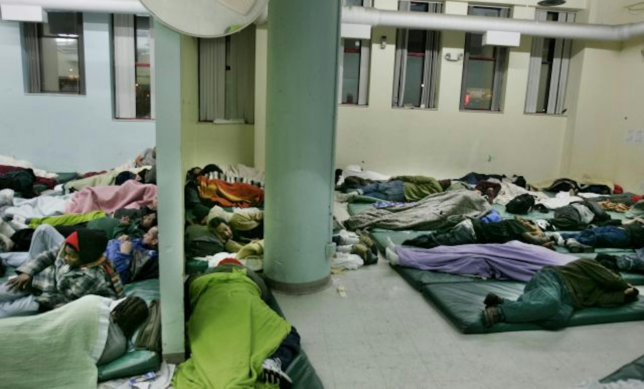 An overflow room at the Salvation Army Harbor Light Homeless Shelter.