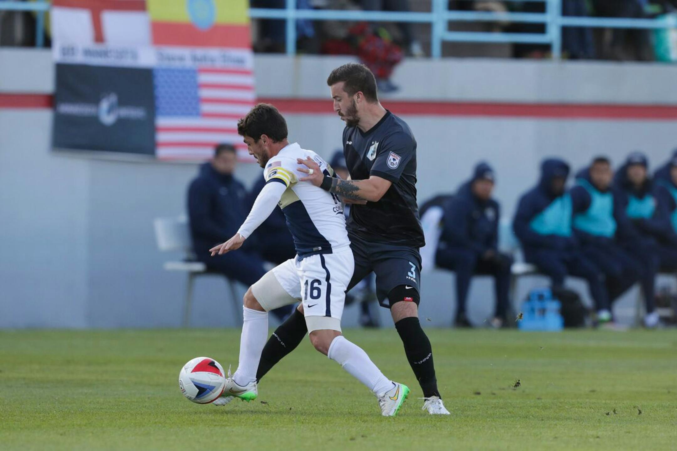 United defender Jeb Brovsky (right) checked Jacksonville Armada midfielder Lucas Saglia (16) during Minnesota's 2-0 victory on May 14, 2016. He suffered a torn ACL in his left knee in a game on Oct. 22 and will miss the rest of the season.