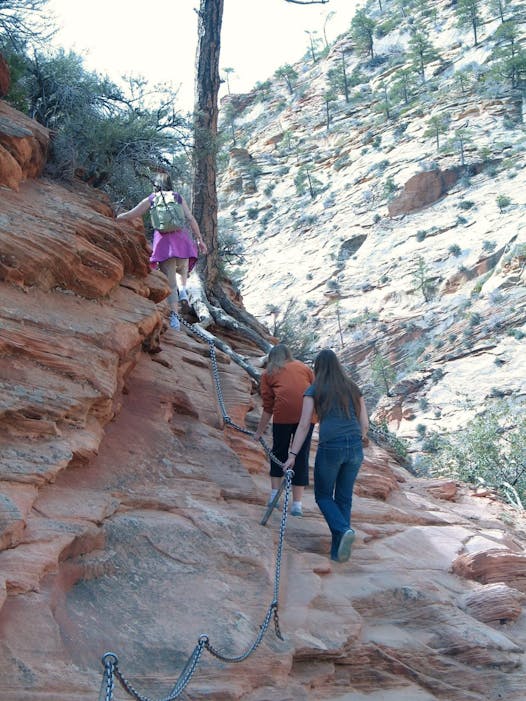 The ascent to Angel's Landing in Zion National Park is steep and treacherous; hikers use chains to steady themselves and hoist themselves upward. Provided by Linnea Peterson