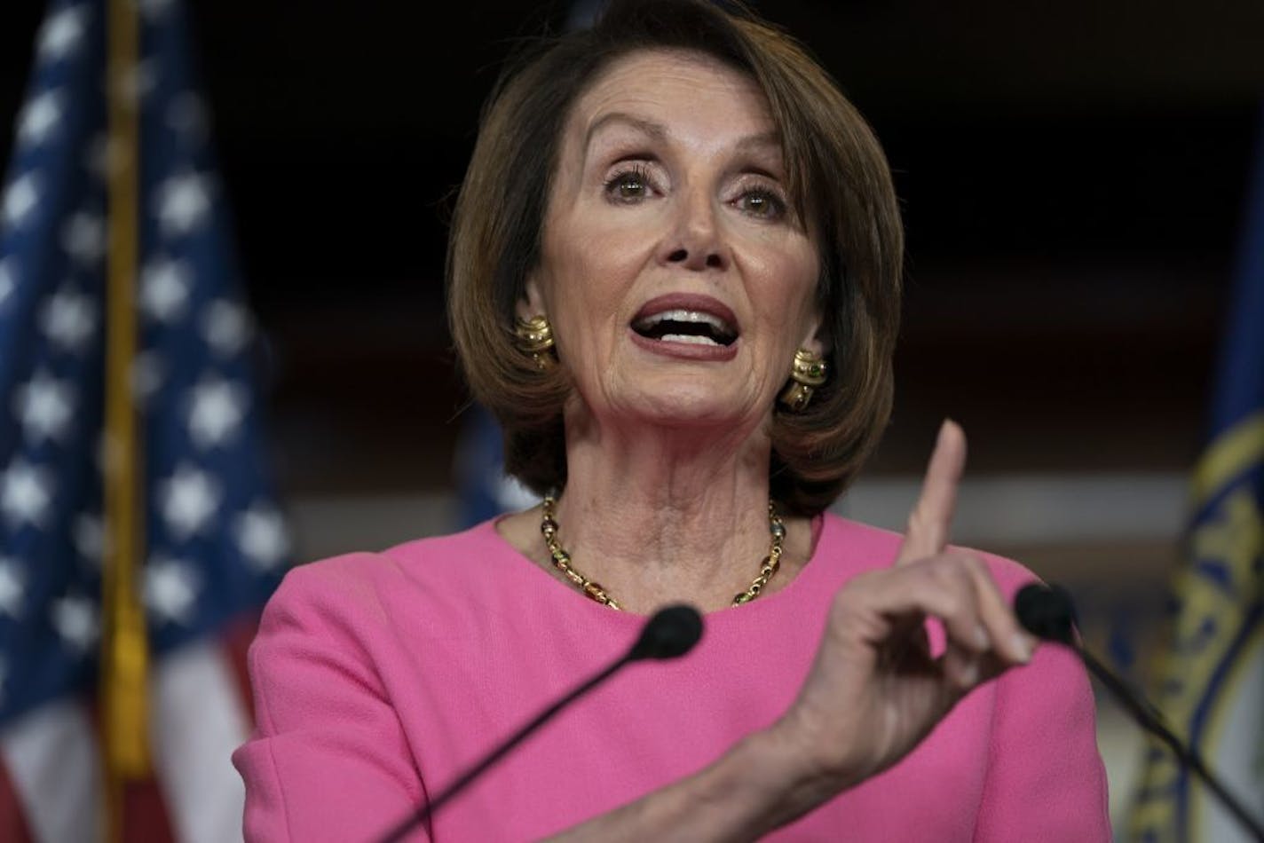 In this May 23, 2019 file photo, Speaker of the House Nancy Pelosi, D-Calif., meets with reporters at the Capitol in Washington. An altered video claiming to show Pelosi slurring her words during a Center for American Progress event in which she said President Donald Trump is obstructing justice is circulating widely across social media platforms. Associated Press journalists who analyzed the false video, and compared it to C-SPAN footage, said its speed had been slowed down by several seconds.