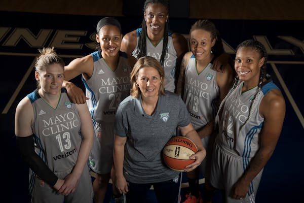 After winning the 2017 WNBA title, the Lynx starters —Lindsay Whalen, Maya Moore, Sylvia Fowles, Seimone Augustus, and Rebekkah Brunson — posed wi