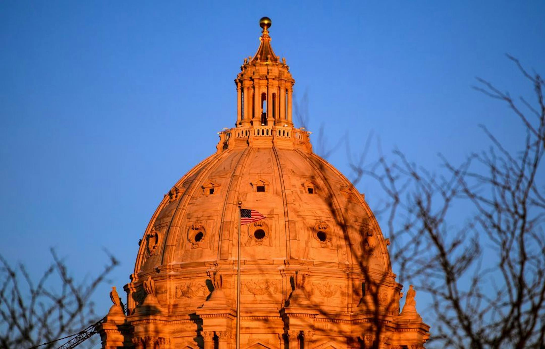 The Minnesota State Capitol in the February evening sunset.