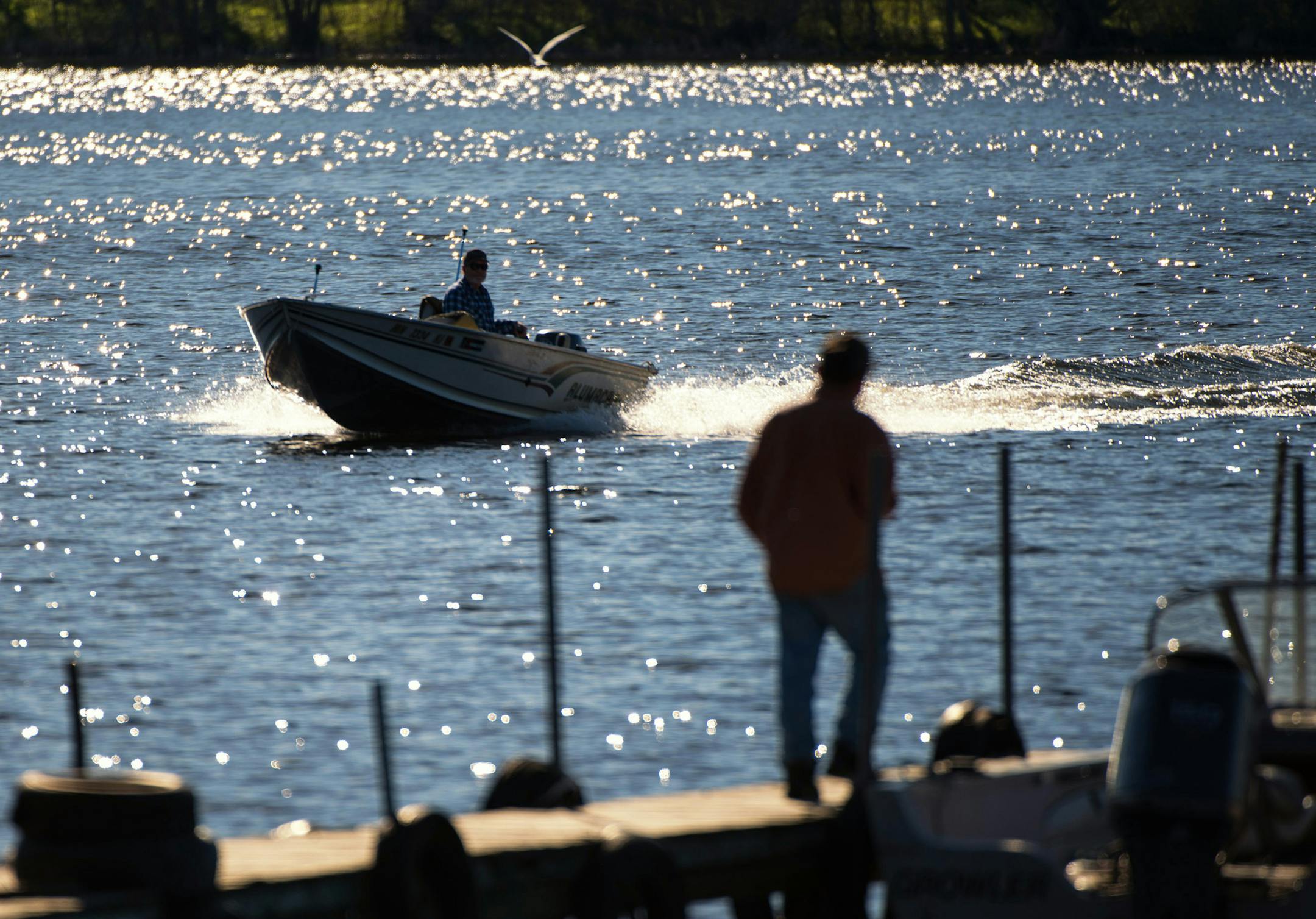 A fishing boat cruised on Wahkon Bay, Lake Mille Lacs in the afternoon sun on May 22. Anglers aren't showing up this summer because of restrictions, including boats off the lake by 10 p.m. according to a night fishing ban imposed by the DNR.