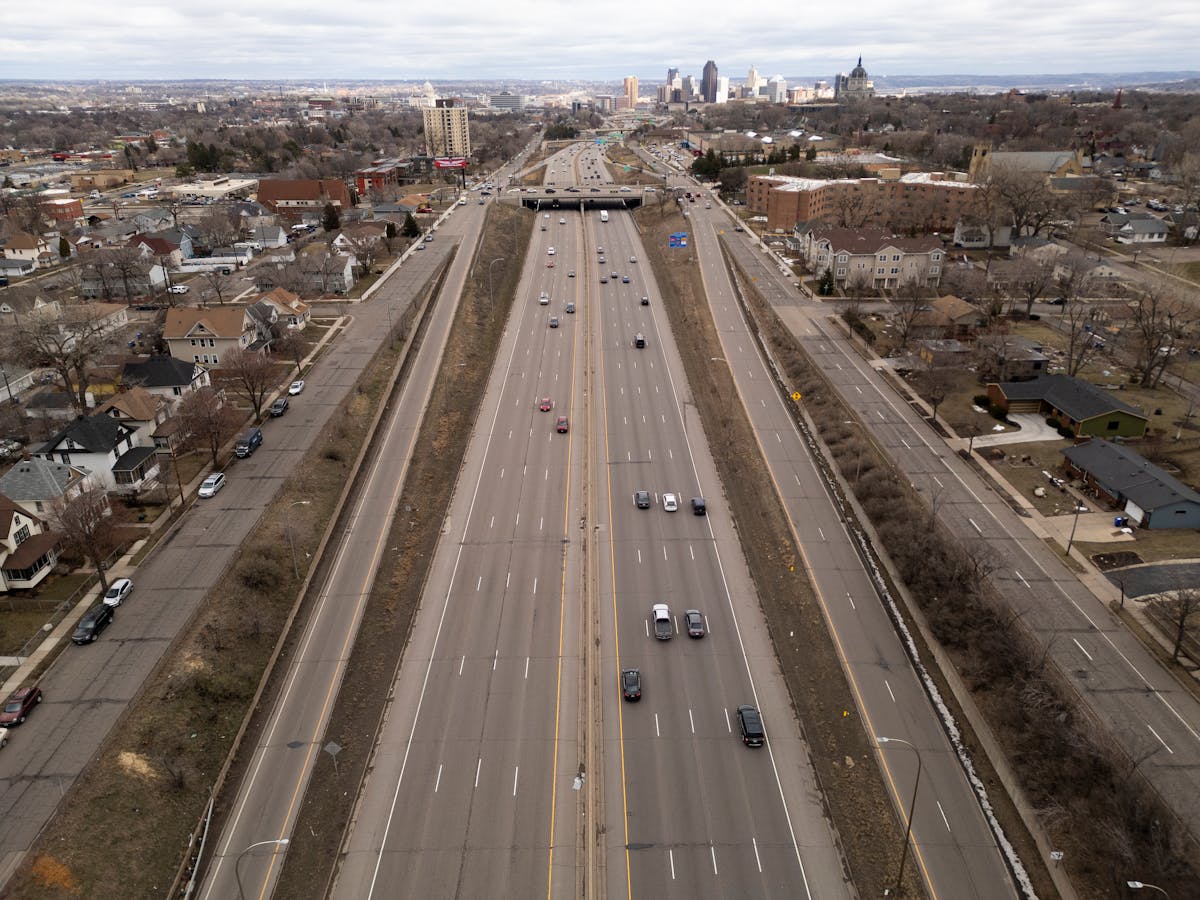 Afternoon traffic moved along the I-94 freeway as it cuts through the Rondo neighborhood Tuesday in St. Paul.