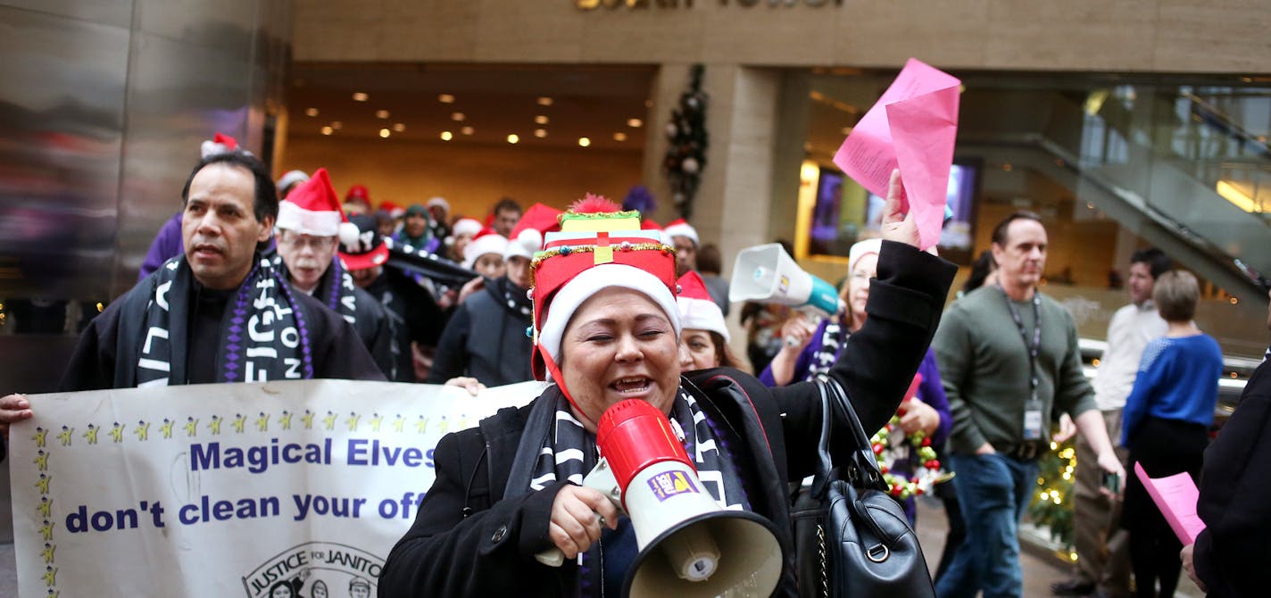 Sonia Cortez a member of the SEIU along with about 60 members rallied at the Government Center and marched through the skyways over contract negotiations for janitors and security staff December 21, 2015 in Minneapolis, MN.] Jerry Holt/ Jerry.Holt@Startribune.com