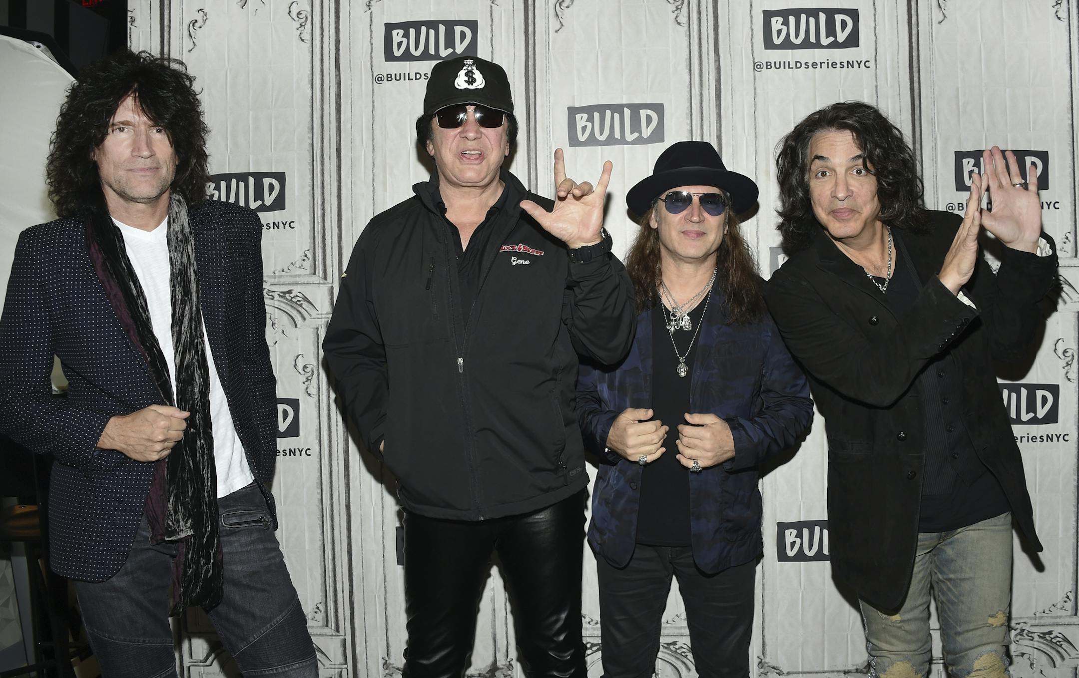 The rock band Kiss, from left, Tommy Thayer, Gene Simmons, Eric Singer and Paul Stanley pose backstage before the BUILD Speaker Series to discuss their "End Of The Road" farewell world tour at AOL Studios on Monday, Oct. 29, 2018, in New York. (Photo by Evan Agostini/Invision/AP