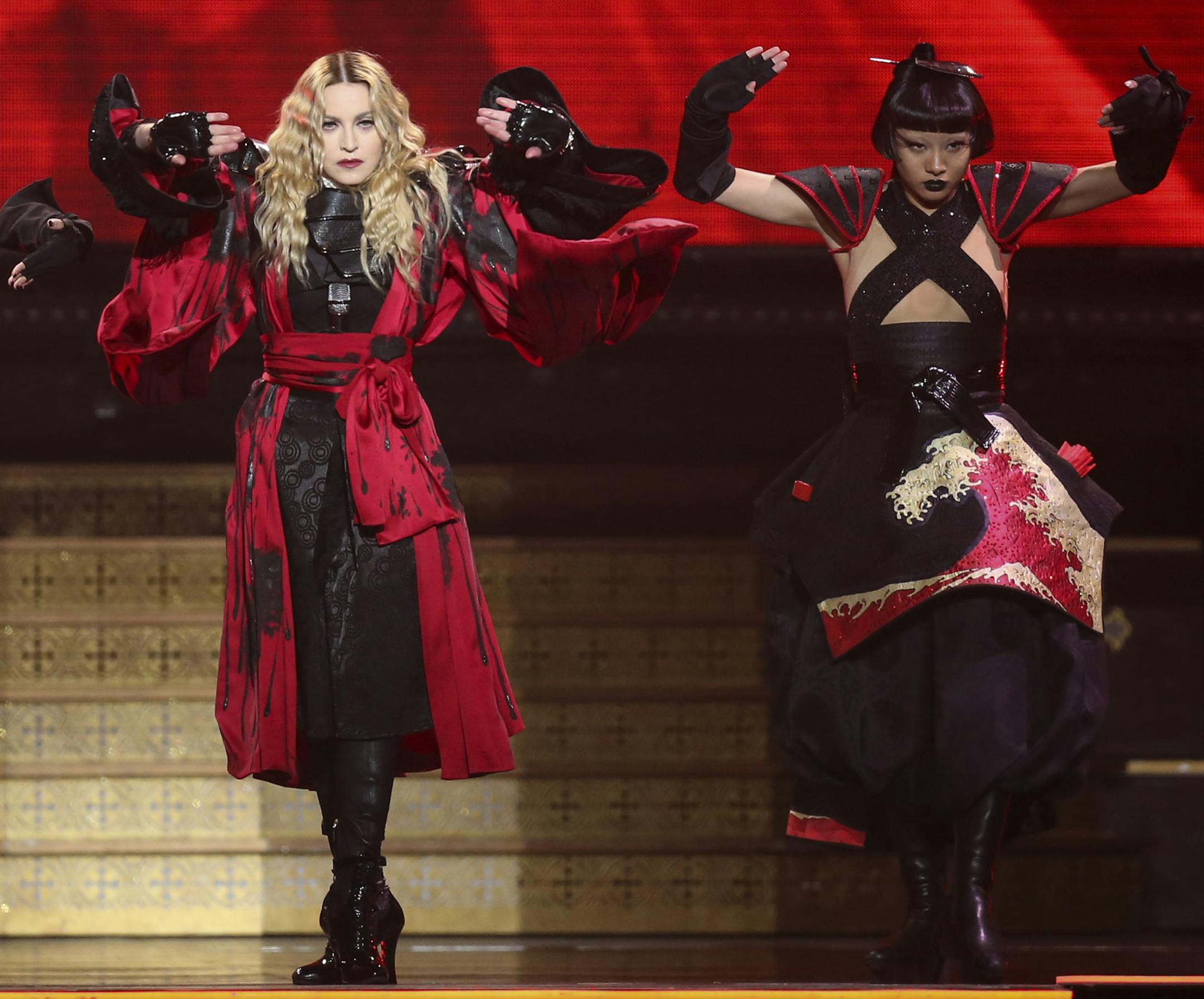 Madonna performing early in her set at Xcel Energy Center in St. Paul Thursday night. ] JEFF WHEELER ï jeff.wheeler@startribune.com Madonna's Rebel Heart Tour stopped for a sold out show at Xcel Energy Center in St. Paul Thursday night, October 7, 2015.