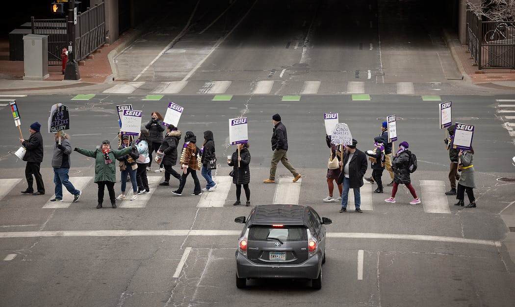 A group of SEIU strikers made their way to the Public Service Building for a listening session in support of CTUL (Centro de Trabajadores Unidos En La Lucia) held by City Council members in Minneapolis on Monday.