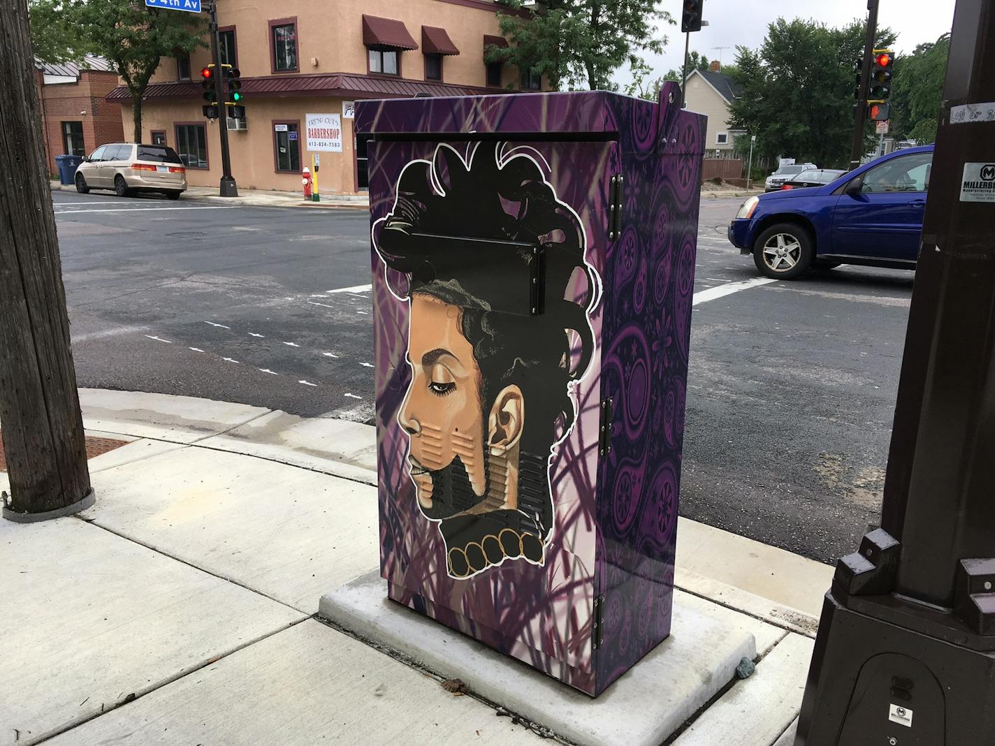 Artwork of Prince, circa early 1990s, adorns a utility box at 4th Av. and 38th St. in south Minneapolis, designed by Juan Reid.