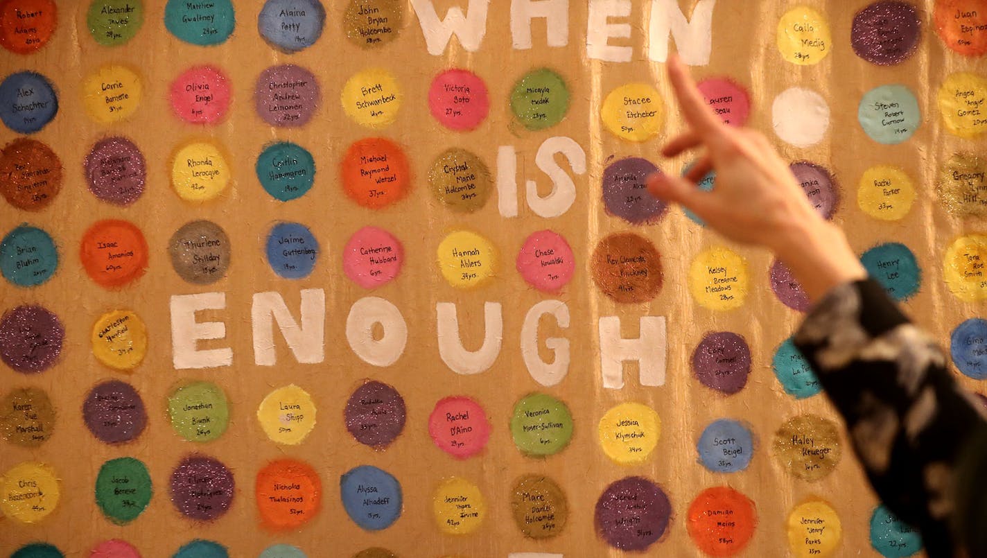 Protect Minnesota and gun control advocates marked the first anniversary of the Parkland shootings and other gun deaths Thursday, Feb. 14, 2019, in the rotunda of the Minnesota State Capitol in St. Paul, MN. Here, artwork with the names of people killed in mass shootings in the U.S. hung in the rotunda.] DAVID JOLES &#x2022;david.joles@startribune.com Gun control advocates and Democratic lawmakers are marking the first anniversary of the Parkland shootings at the Capitol Thursday by reading off