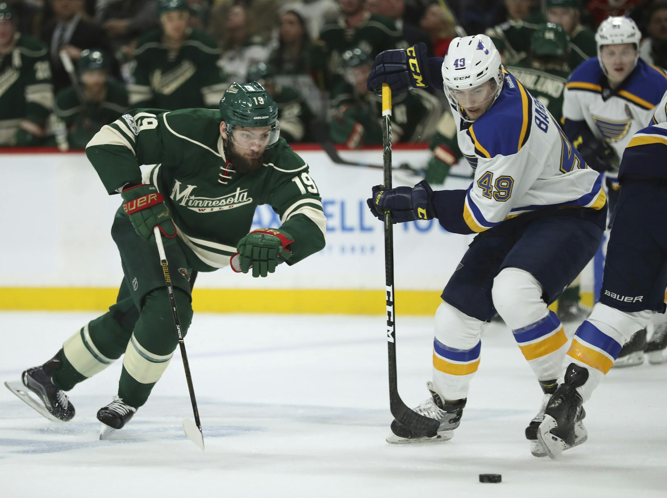 Minnesota Wild center Martin Hanzal (19) and St. Louis Blues left wing Ivan Barbashev (49) went after a puck in the Blues' zone in the second period. ] JEFF WHEELER ï jeff.wheeler@startribune.com The Minnesota Wild faced the St. Louis Blues in Game 1 of their first round NHL playoff series Wednesday night, April 12, 2017 at Xcel Energy Center in St. Paul.