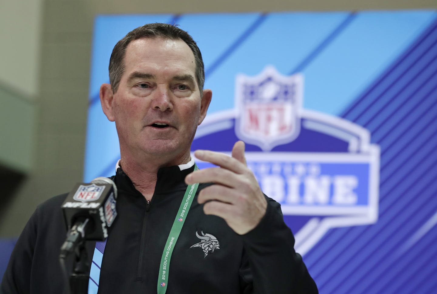 Minnesota Vikings head coach Mike Zimmer speaks during a press conference at the NFL football scouting combine in Indianapolis, Thursday, March 1, 2018. (AP Photo/Michael Conroy)