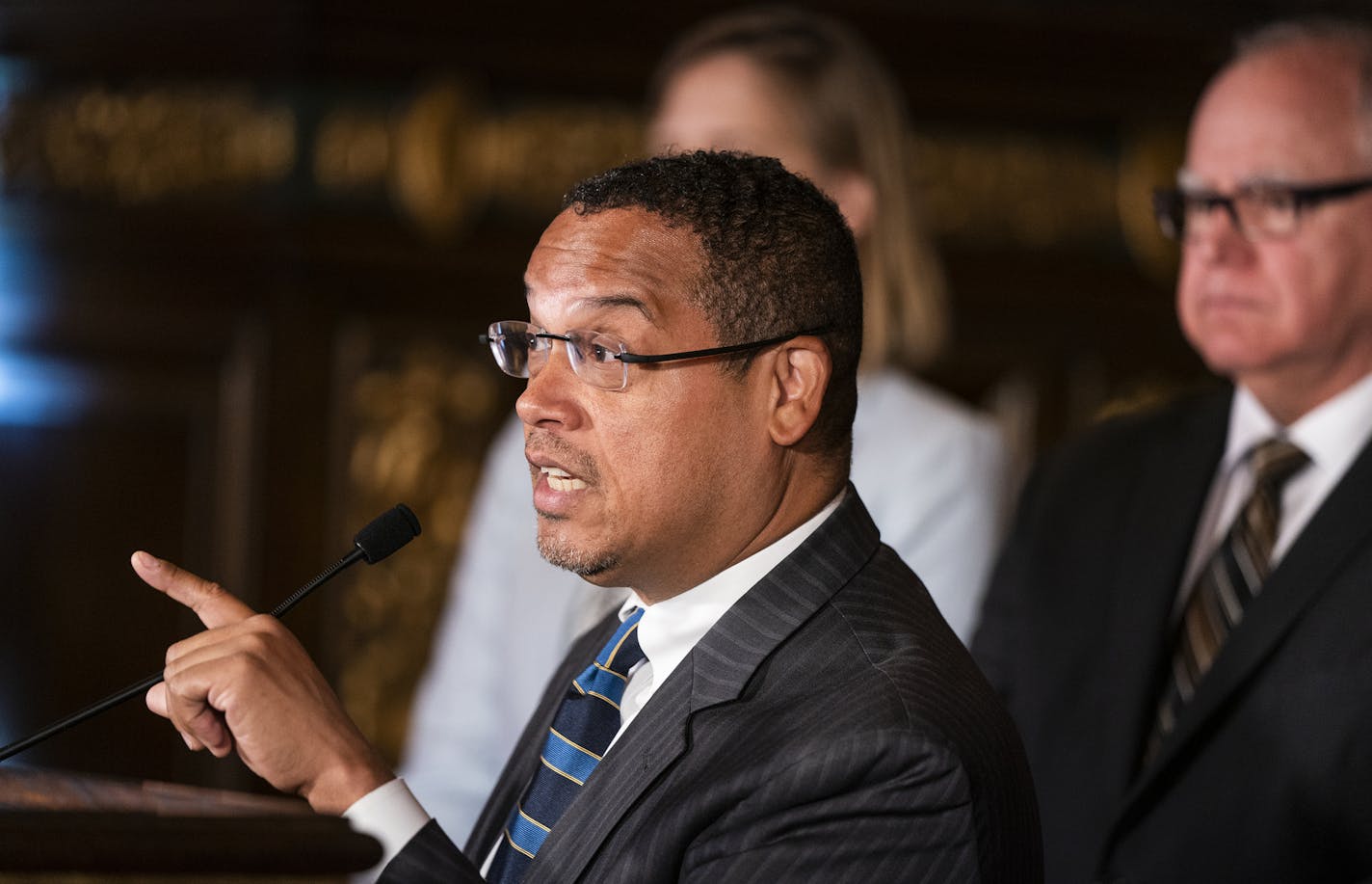 Attorney General Keith Ellison speaks after the bill signing ceremony. ] LEILA NAVIDI &#x2022; leila.navidi@startribune.com BACKGROUND INFORMATION: Nancy Leppink, commissioner of the Minnesota Department of Labor and Industry, joined Gov. Tim Walz, Attorney General Keith Ellison, Rep. Tim Mahoney (DFL-St. Paul) and Sen. Eric Pratt (R-Prior Lake) for a bill signing ceremony for legislation that includes new penalties for wage theft at the State Capitol in St. Paul on Monday, July 15, 2019.