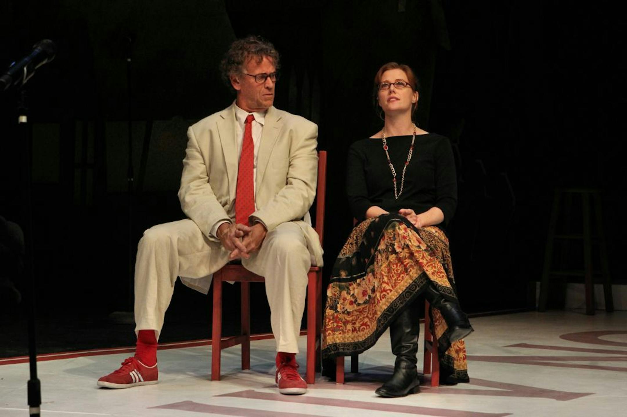 "Radio Man" - MN History Theatre The Host (L: Pearce Bunting) listens to Mary Louise's story (R: Sandra Struthers Clerc). Photo by Scott Pakudaitis.