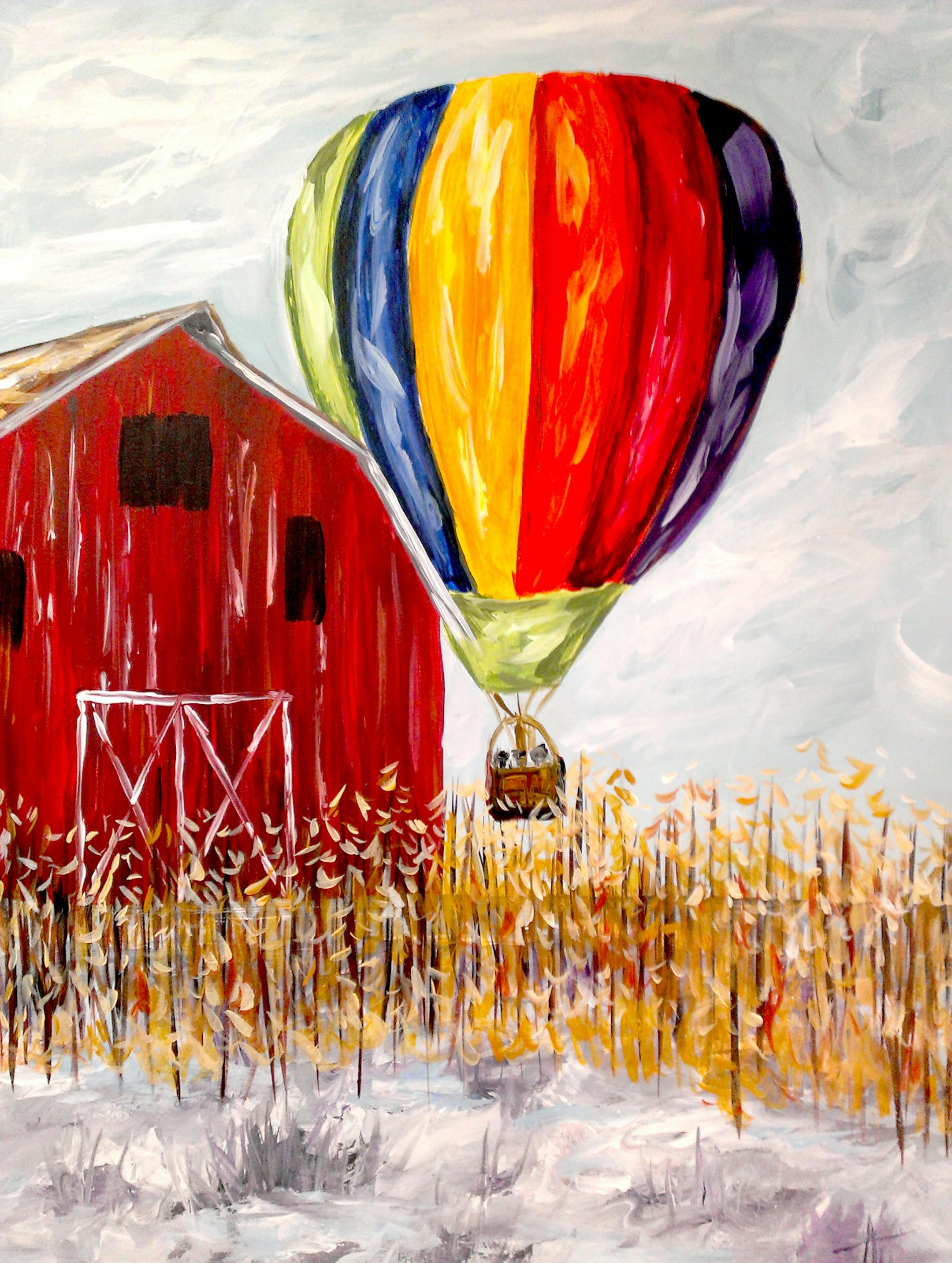Instructor Audrey Martin will help attendees at the Hot Air Affair Canvas Party Painting Classes create this Barn-n-Balloon painting.