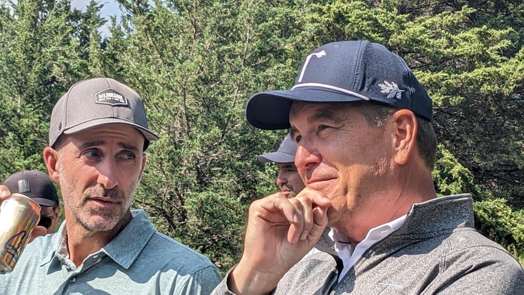 CBS sports announcer Jim Nantz (right) and 2006 U.S. Open champion/Australian design firm partner Geoff Ogilvy discussed the lay of the land during a recent visit to the destination golf course Tepetonka in New London, Minn.
