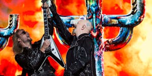 Rob Halford, right, and guitarist Richie Faulkner are touring with a new Judas Priest album after the band's Rock and Roll Hall of Fame induction.