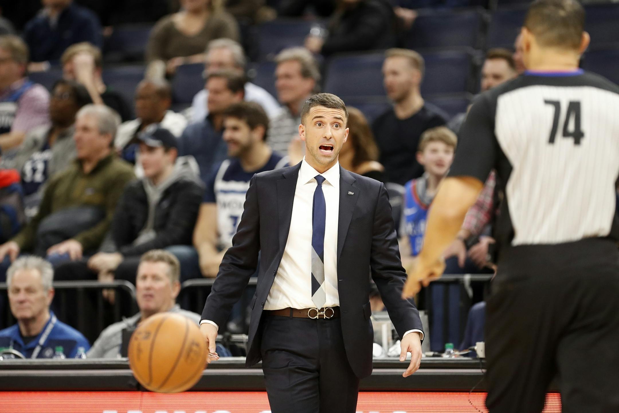 Minnesota Timberwolves head coach Ryan Saunders talks to the ref during the second half.