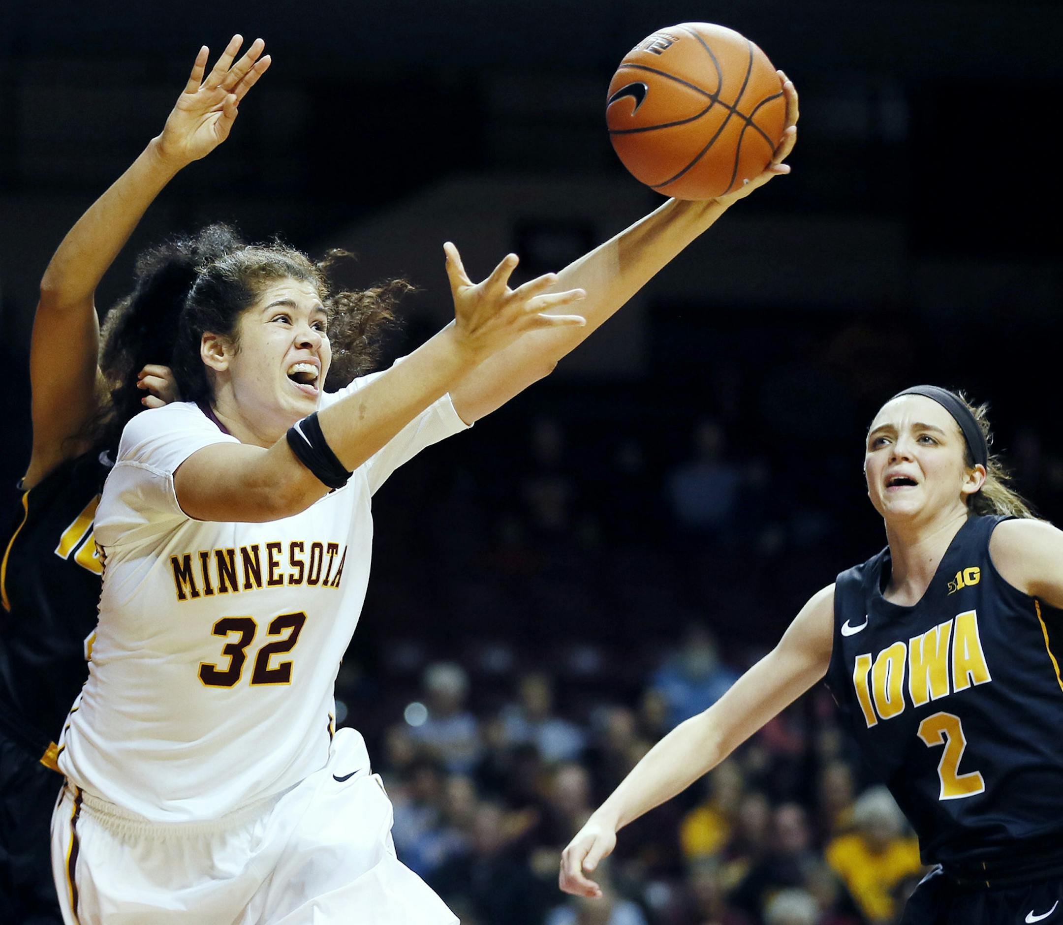 Minnesota Golden Gophers center Amanda Zahui B. (32) pulled down an offensive rebound late in the second half . Minnesota beat Iowa 93-80 at Williams Arena Tuesday February 17, 2015 in Minneapolis MN. ] Jerry Holt/ Jerry.Holt@Startribune.com ORG XMIT: MIN1502172155171119