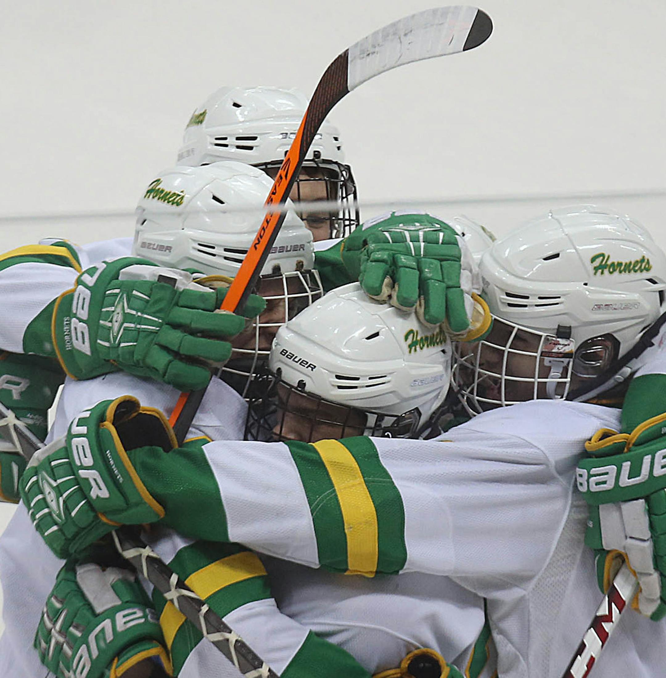 Edina players celebrated Dylan Malmquist‚Äôs first period goal. ] JIM GEHRZ ‚Ä¢ jgehrz @startribune.com / St. Paul, MN / March 7, 2014 / 8:00 PM BACKGROUND INFORMATION: Edina High School played Eagan in the semifinals of the 2014 State Class 2A Hockey Tournament at the Xcel Energy Center.