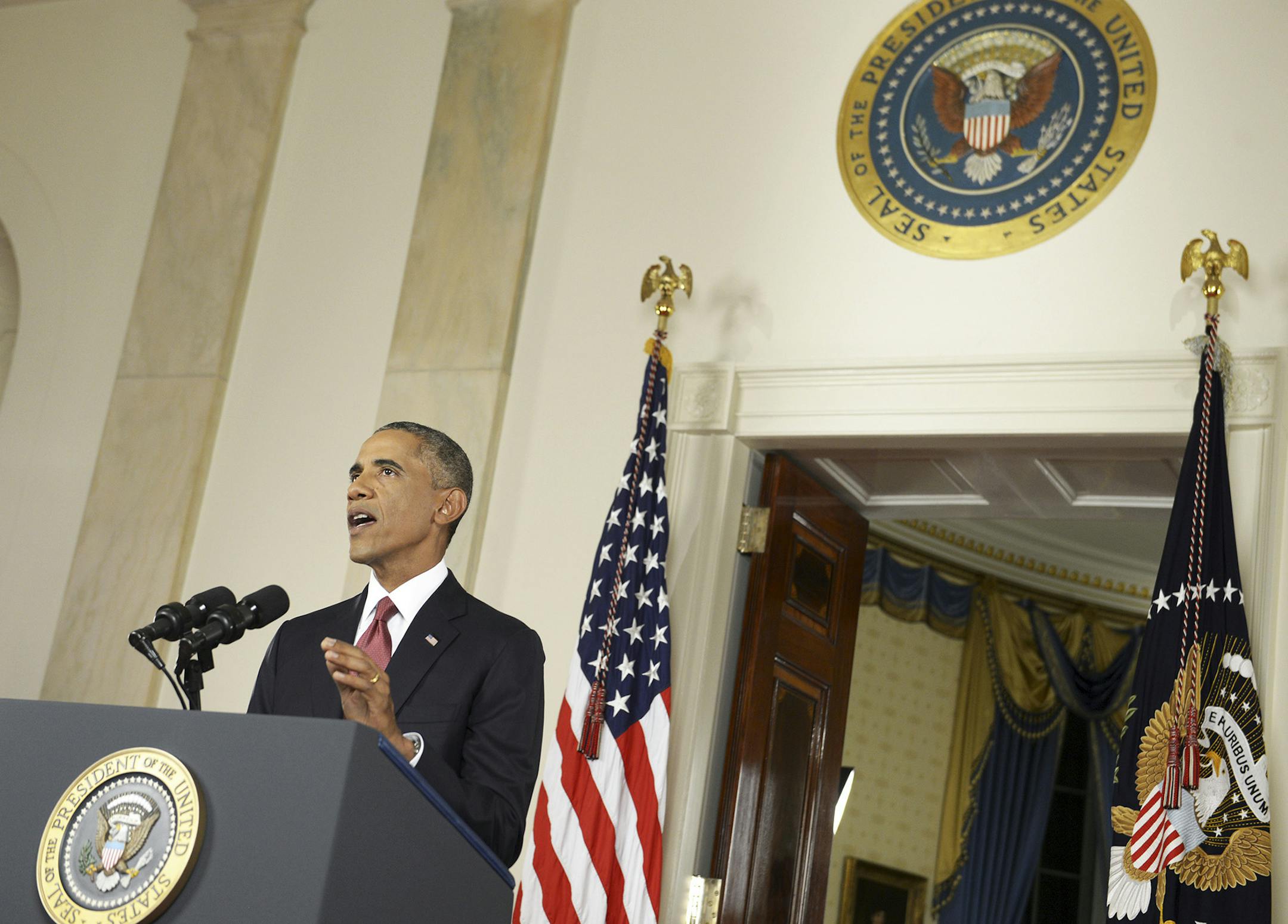 President Barack Obama delivers a televised address from the Cross Hall of the White House in Washington, Sept. 10, 2014. President Obama said that he was ordering a significantly expanded military campaign against Sunni militants in the Middle East that includes American airstrikes in Syria. (Saul Loeb/Pool via The New York Times) -- EDITORIAL USE ONLY -- ORG XMIT: MIN2014091114593372