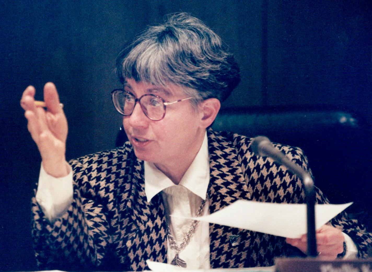 February 10, 1994 Phyllis Kahn, chair of the House Gambling Subcommittee. Kahn displays her feelings as chair during a meeting of the sub committee in rm 300 north of the State Office Bldg. Mike Zerby, Minneapolis Star Tribune