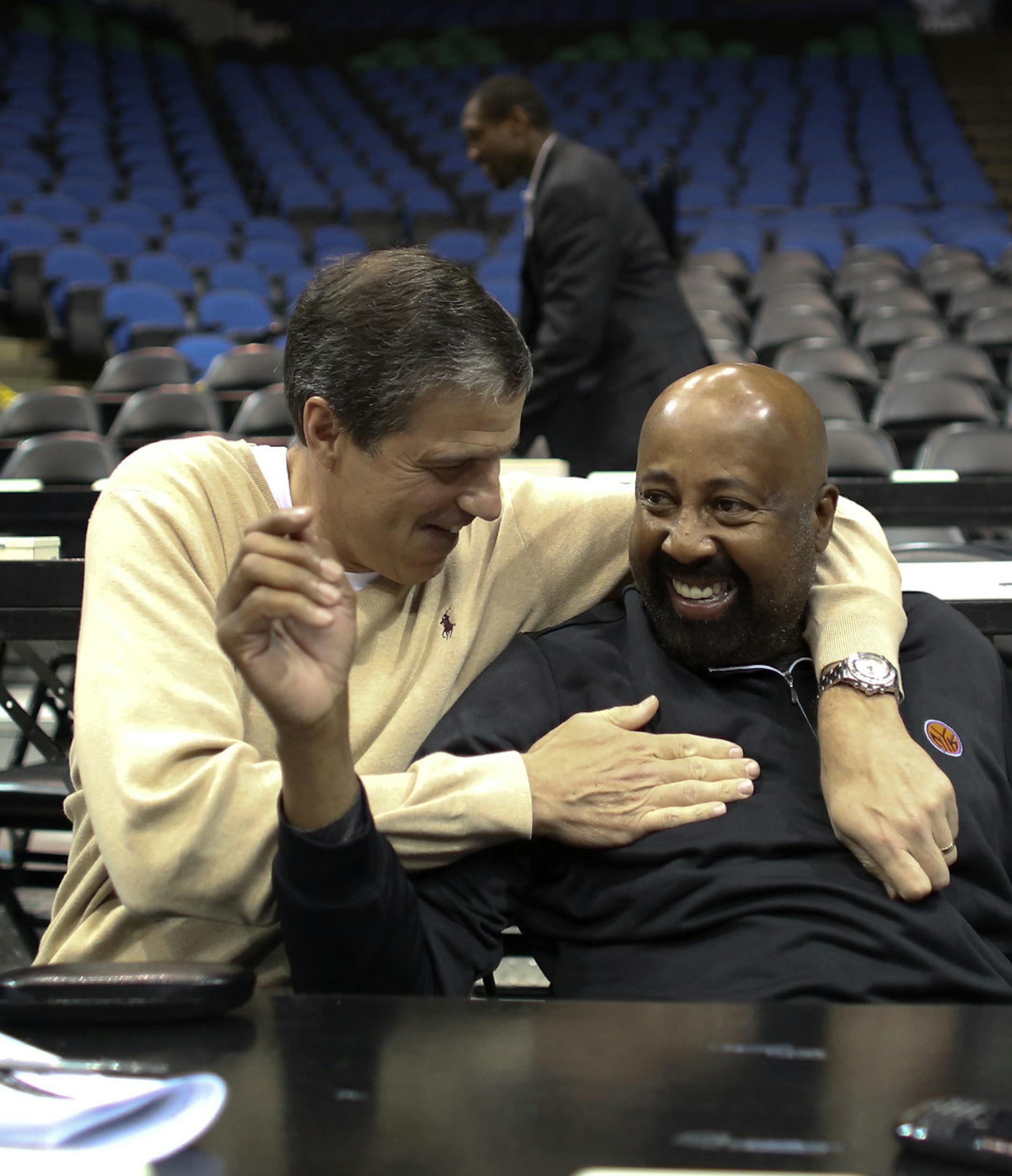 Coaches Randy Wittman, of the Washington Wizards and Mike Woodson of the New York Knicks greeted each other during pre draft workouts at Target Center in Minneapolis Min., Tuesday, May 28, 2013. ] (KYNDELL HARKNESS/STAR TRIBUNE) kyndell.harkness@startribune.com