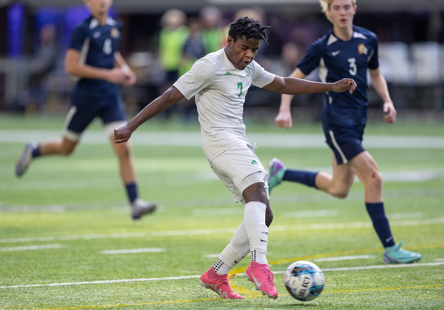 Hill-Murray's Vinny Pearcy kicks the ball into the net for a goal in the second half during the 2023 Minnesota High School State Soccer Tournament in the AA division at US Bank Stadium in Minneapolis, Minn., on Friday, Nov. 03, 2023. ] Elizabeth Flores • liz.flores@startribune.com