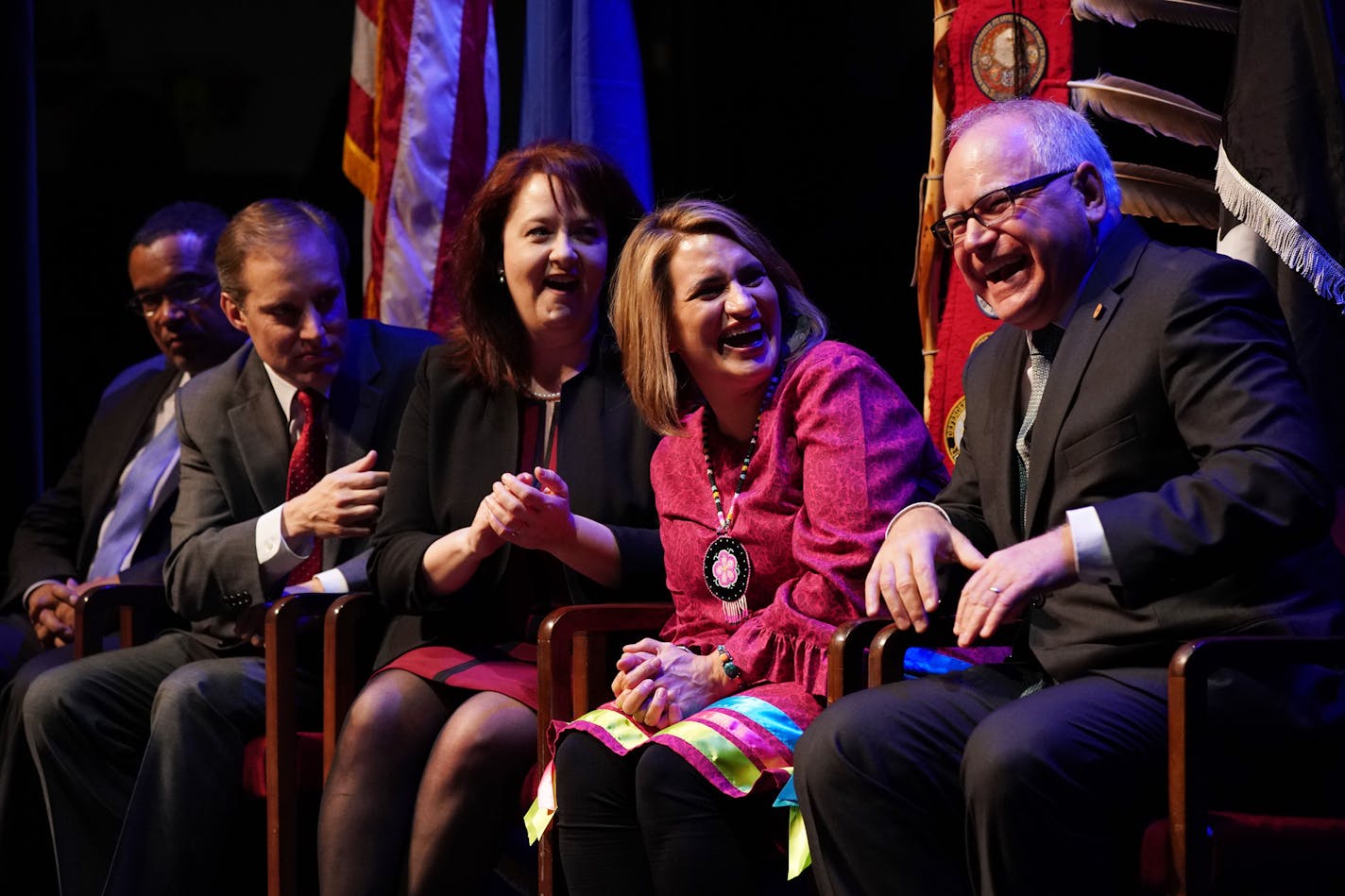 Gov. Tim Walz laughed with Lt. Gov. Peggy Flanagan before he took the oath of office at the Fitzgerald Theater in St. Paul, Minn. ] ANTHONY SOUFFLE &#x2022; anthony.souffle@startribune.com Inauguration Day. Tim Walz will be sworn in as Minnesota's 41st governor, and constitutional officers Attorney General Keith Ellison, Secretary of State Steve Simon and State Auditor Julie Blaha will take their oaths of office as well.