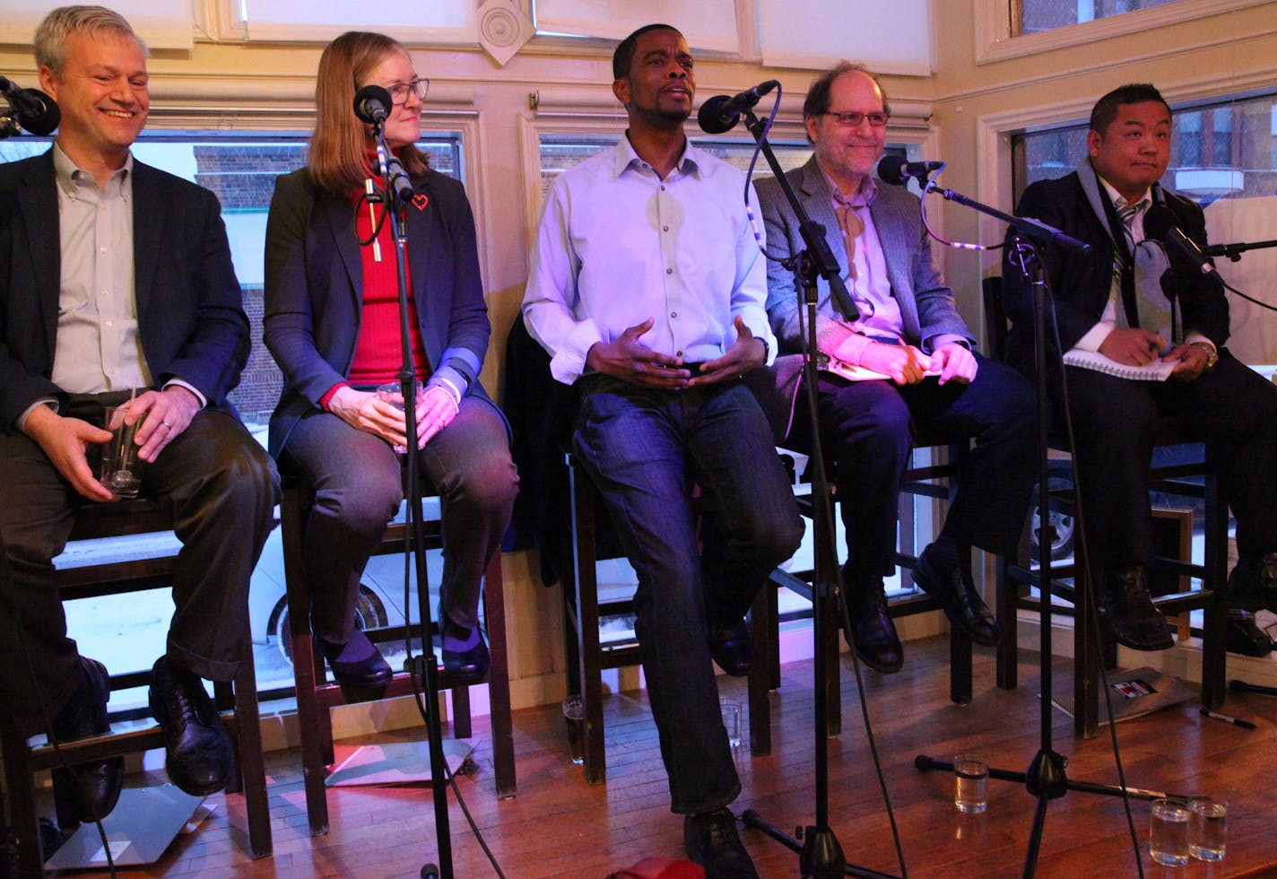 From left, candidates Pat Harris, Elizabeth Dickinson, Melvin Carter III, Tom Goldstein and Dai Thao held court at an East Side diner in St. Paul.