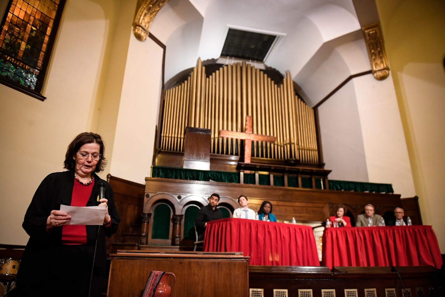 Paulette Will, with the Minneapolis Advisory Committee on Aging, asked the first question to candidates at Wednesday night's mayoral election forum.