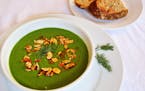 Creamy Spinach Soup with Dill and Paprika Almonds.